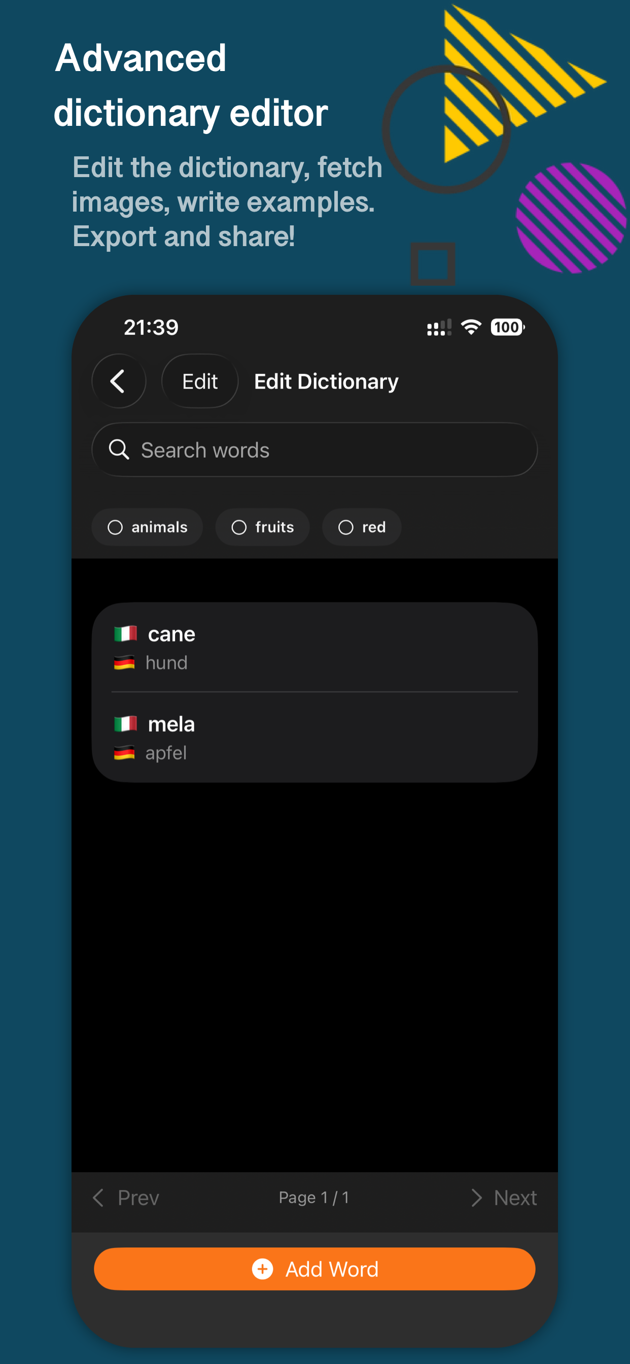 FlashLingo screenshot of flashcards and review tools