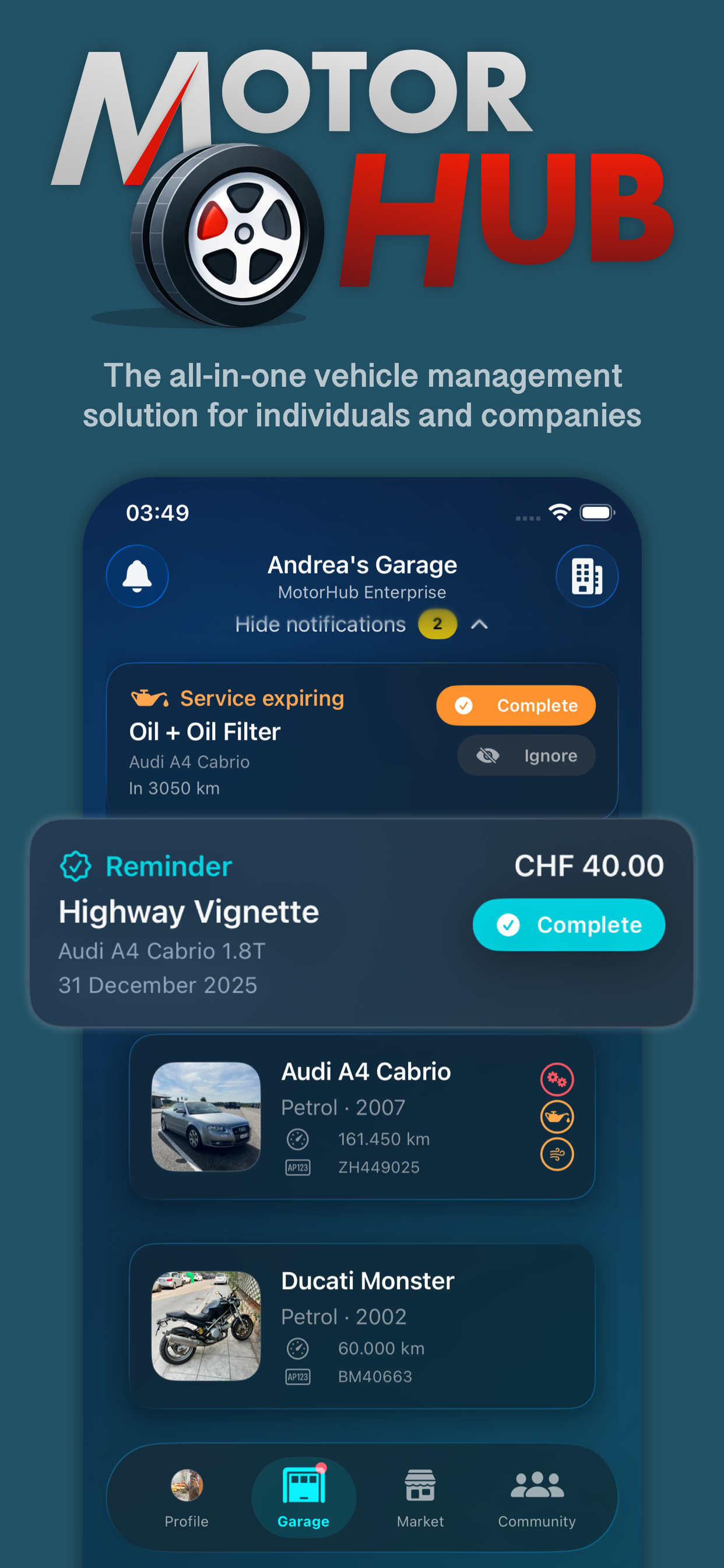 MotorHub Pro screenshot of the main dashboard